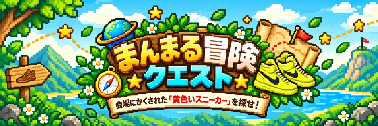 ドット絵の冒険マップ。黄色いスニーカーと宝の地図、コンパスが描かれている